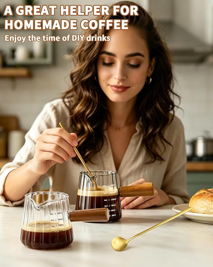 2 Pack Espresso Measuring Cups & 2 Spoons, 6oz Gray & Clear Borosilicate Glass Cups with Wood Handle, V-Shaped Spout Ribbed Milk Frothing Cup for Coffee, Latte, Cappuccino, Tea