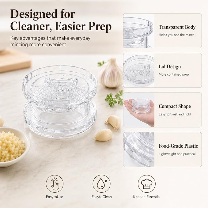 2PCS Transparent Manual Garlic Twist, Multi-Functional Mincer & Grinder for Garlic, Onion, Ginger, Herbs, Nuts