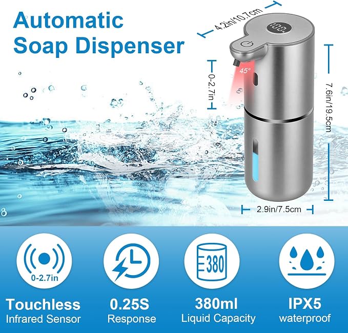 OHIFAST Automatic Foaming Soap Dispenser Touchless, USB Rechargeable Smart Hand Soap Dispenser, 6-Level Adjustable, 12.8oz/380mL Wall Mounted for Bathroom Kitchen Dish Soap-Silver