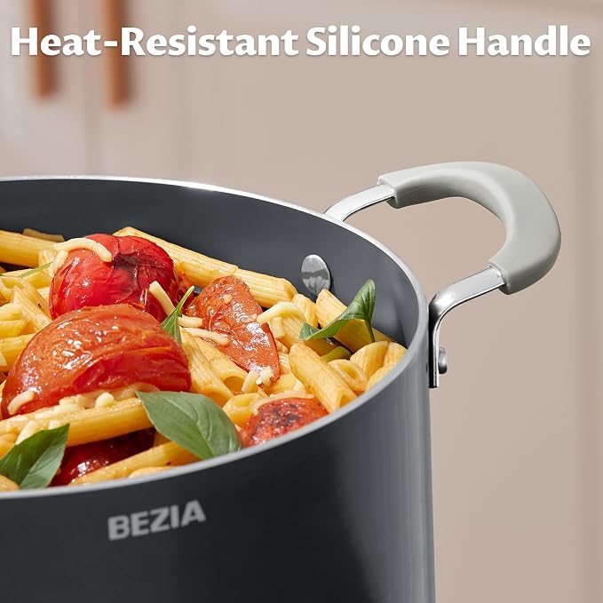 BEZIA 10QT Non Stick Stock Pot with Lid, Ceramic Large Cooking Pot for Soup | Stay-Cool Silicone Handles, Oven Safe & Easy Cleanup, for All Stovetops, for Big-batch Pasta Sauce, Multi-portion Curries