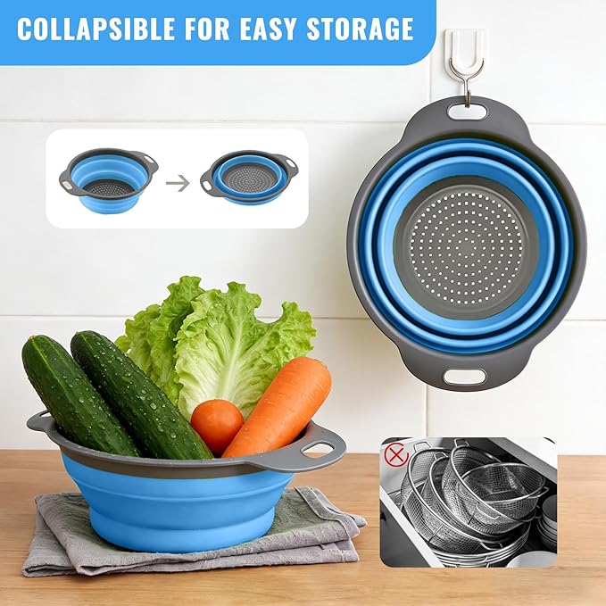 2 Pack Collapsible Silicone Colander with Handle, Over Sink Foldable Food Strainer, BPA-Free Space Saving Drain Basket for Vegetables, Fruits, Pasta, Kitchen & Camping (Blue)
