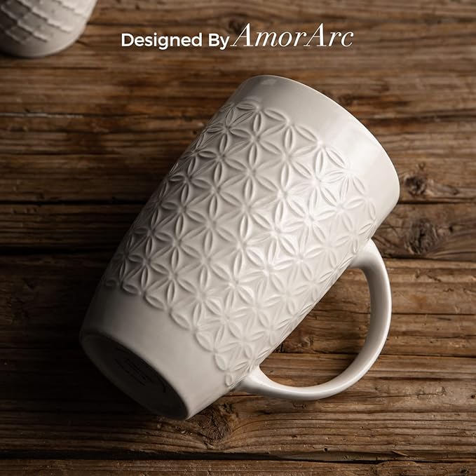 AmorArc 20 oz Large Coffee Mugs Set of 6, Tall Ceramic Coffee Cups-Beige | 3 Assorted Designs, Embossed Ceramic Coffee Mugs with Large Handle for Coffee/Tea/Cappuccino, Dishwasher&Microwave Safe