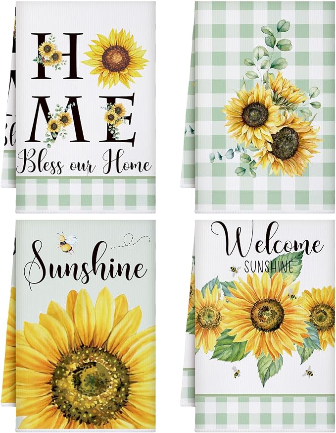 4 Pcs Sunflower Kitchen Towels Sage Green Hand Dish Towels Gifts | Absorbent Sunshine Grid Fast Drying Tea Clothes Floral Decor Housewarming Gift for Cooking Bathroom Kitchen Decor
