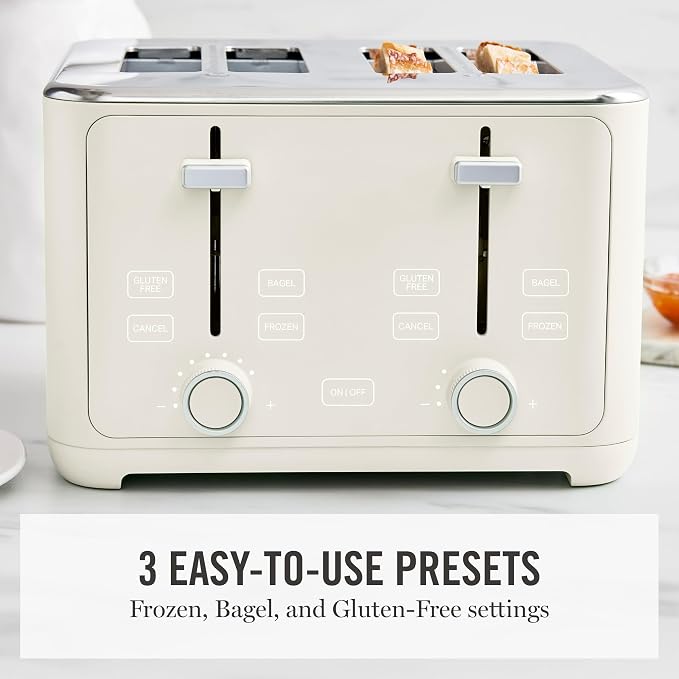 Martha Stewart 4-Slice Toaster, 3 Presets & 10 Shade Settings, Linen Cream | Gluten-Free, Bagels, Extra-Wide Self Centering Slots, Waffles & Artisan Bread, Shade Memory, Cord Wrap & Removable Crumb Tray