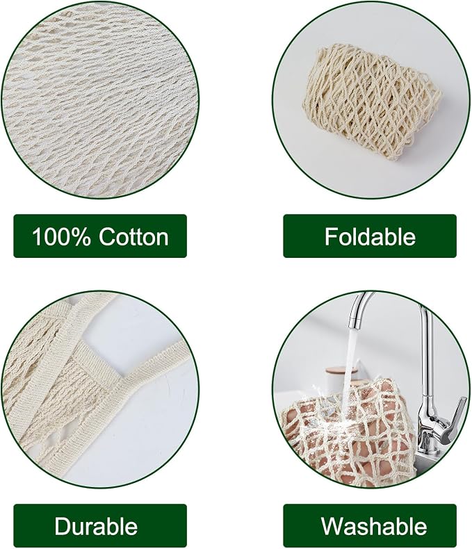 2-Pack Reusable Mesh Grocery Bags, 100% Cotton String, Long Handle Produce Bags, Fruit & Veggie Storage