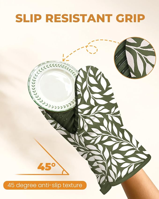 100% Thick Cotton Mini Oven Mitts Silicone Grip Green Leaf | Elegant Classic Oven Mitts for Women, Machine Washable, Non-Slip, Reversible Design Fits Both Hands, Stylish Kitchen Decor