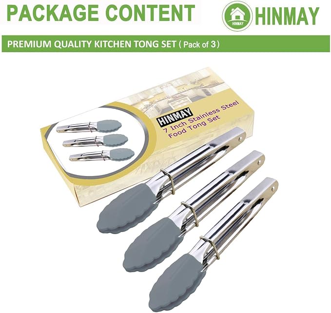 HINMAY 7 Inch Silicone Utility Tong Kitchen Tongs, Set of 3 (Gray) | 7 Inch Metal Salad Tongs