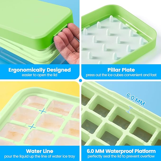 Ice Cube Tray with Lid and Bin, Easy Release 84 Cubes for Freezer | Food-grade BPA-free PP and ABS. Ice cubes for fruit, cocktails, iced coffee. Space-saving stackable with scoop
