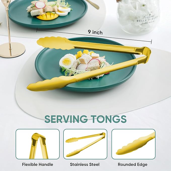 Gold Tongs for Serving Food, XEVOM 12 Pack, 9-Inch Stainless Steel | gold stainless steel Utility Tongs with scalloped grip for buffets, catering, weddings, salad bars and everyday food service