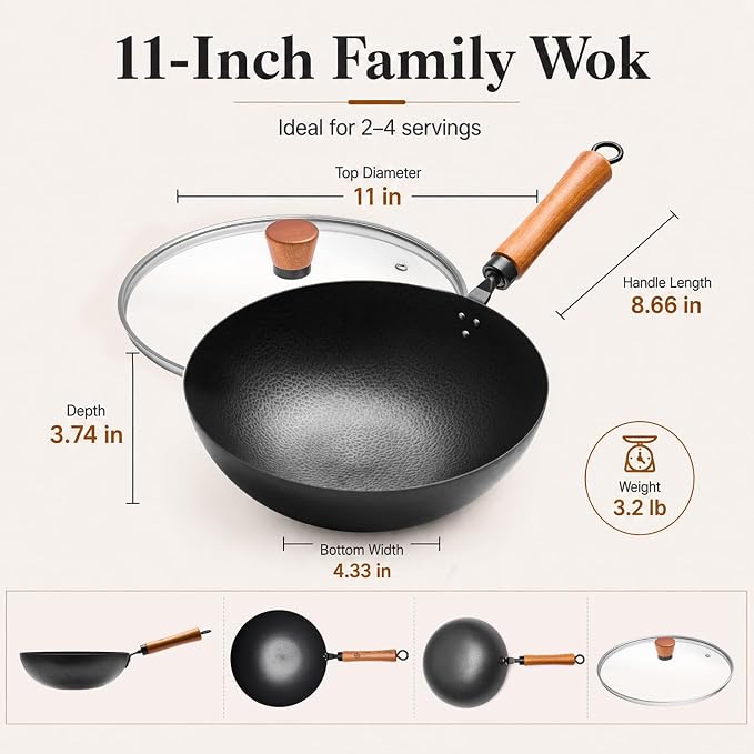 11" Round Bottom Carbon Steel Wok with Glass Lid, Traditional Chinese Stir Fry Pan for Gas Stove & Wok Ring, 3.2 QT Small Wok for 1–3 People, Uncoated, Wood Handle, Seasoning Required