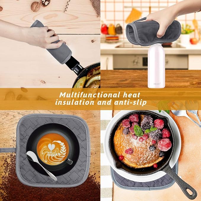 4Pcs Oven Mitts and Pot Holders Set, 572F Heat Resistant Oven Glove, Soft Cotton Lining with Non-Slip Surface for Kitchen Baking BBQ (Grey)