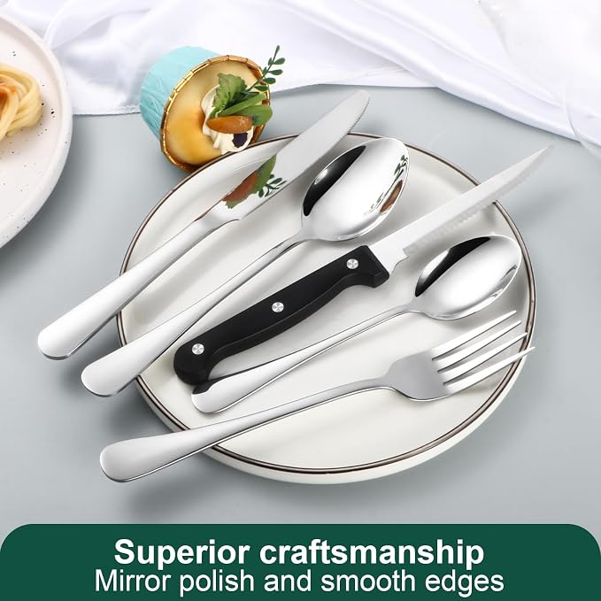 24-Piece Silver Silverware Set with Steak Knives Black Stainless Steel Flatware Set for 4 Food Grade Tableware Cutlery Set Rust-proof, Mirror Polished, Dishwasher Safe
