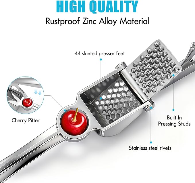 Garlic Press, Premium Metal Garlic Crusher Tool, Heavy Duty Garlic Mincer with Ergonomic Handle, Rust Proof & Dishwasher Safe, Easy to Squeeze and Clean -Silver