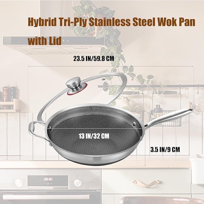 LOLYKITCH Hybird Nonstick Wok Pan with Lid | 13-Inch | Detachable Handle | Non Toxic | Tri-Ply Stainless Steel | Ceramic Coating | Stir Fry Pan | Induction Compatible | Dishwasher & Oven Safe