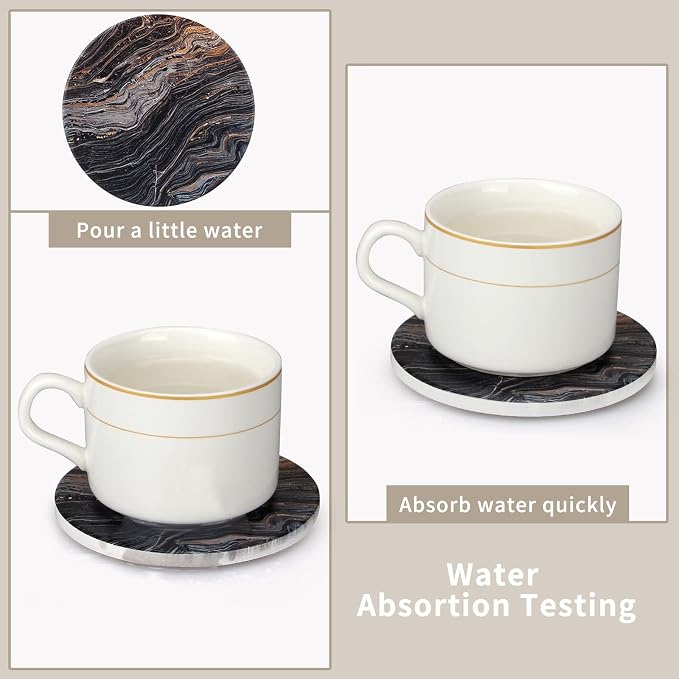 6 Pcs Black Ceramic Stone Modern Coasters with Holder Best Absorbent Drink Coasters Round Ceramic Table Coasters Set Best Coffee Table Ceramic Coaster Set
