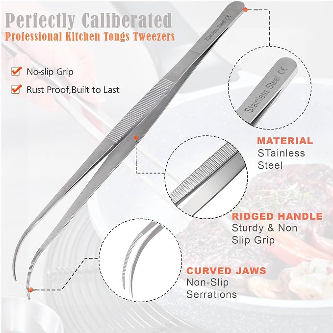 Professional Culinary Stainless Steel Precision Tongs with Serrated Tips, Plating/Food Presentation Detailing Serving Tongs, Chef's Kitchen Tweezer Tongs - Ultra Non-Slip Grip (12" 4 PCS)