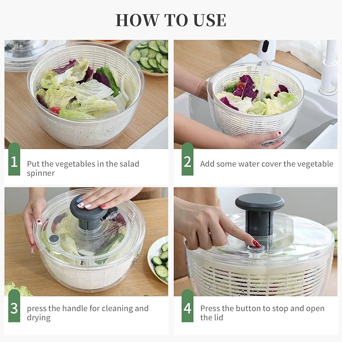 Salad Spinner Large, Fruit Washing Bowl with Strainer, Quick and Easy Use Lettuce Spinner, Fruits and Vegetables Washer, Lettuce Salad Dryer, Kitchen Essentials (6L/6.34Qt)