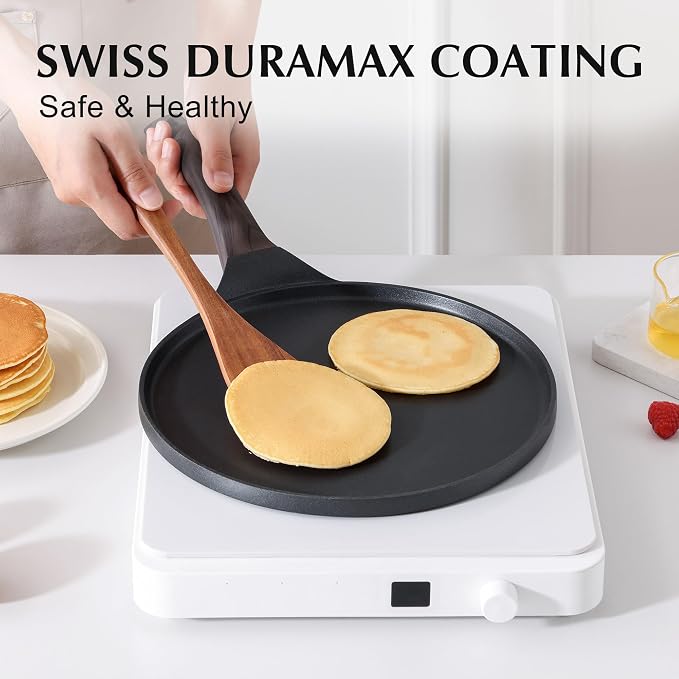 SENSARTE 12 Inch Nonstick Crepe Pan Granite Coating Pancake Pan Black | Swiss Granite Coating Dosa Pan Pancake Flat Skillet Tawa Griddle with Stay-Cool Handle, Induction Compatible