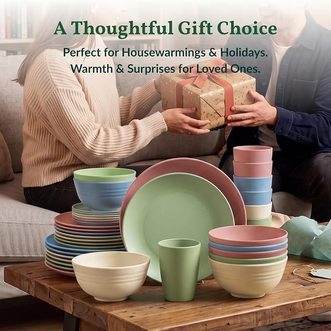 Kitchen Plates and Bowls Set 40 PCS Microwave and Dishwasher Safe Wheat Straw Dinnerware Sets Dish Sets for 8 Kitchen Plate Set for Camping, RV, Party, Apartment, Picnic, Kids-Multilight