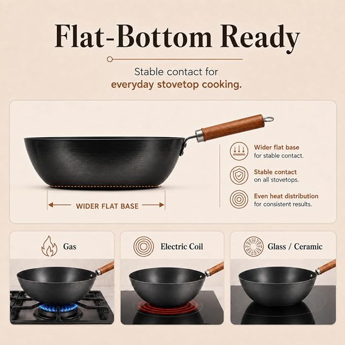 10.2-Inch Nitrided Carbon Steel Wok with Lid, Flat Bottom | 3.7-Qt wok with tempered glass lid for 1-3 servings; lightweight, induction compatible, coating-free, and seasoning required.