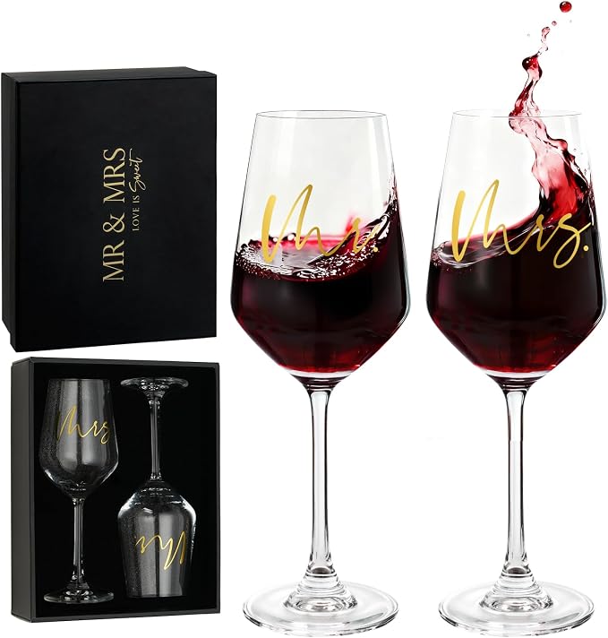 AW BRIDAL Mr and Mrs Wine Glasses Set of 2 for Engagement Bridal Shower | Wedding Gifts for Newlywed Couples 2026, Anniversary Wine Glass Gift Basket for Bride Groom and Fiance Fiancee