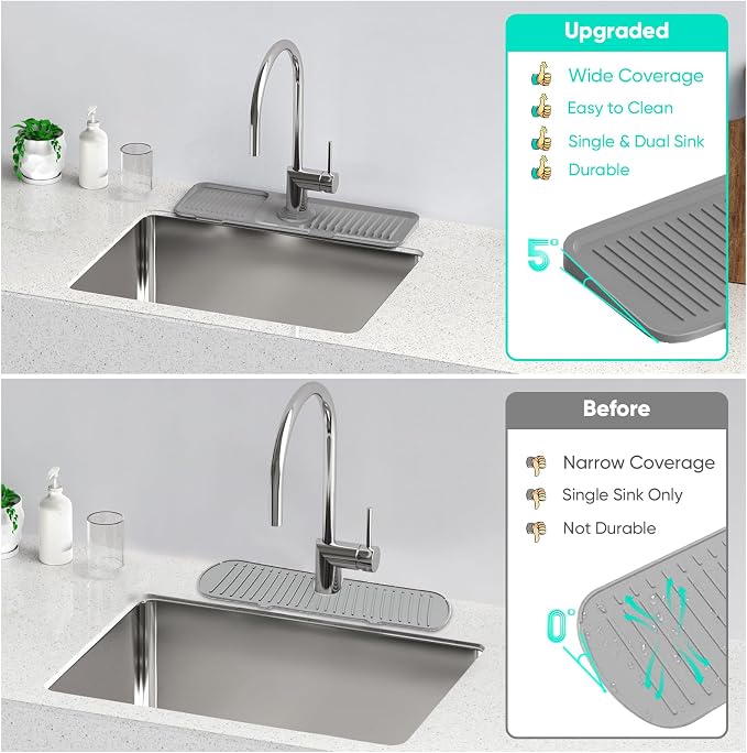 17.7'' Faucet Mat for Kitchen Sink [5°Slope Fast Self-draining] Kitchen Sink Splash Guard Silicone Kitchen Sink Faucet Mat Splash Guard for Kitchen Sink Area Tidy Splash Faucet Guard Draining Mat
