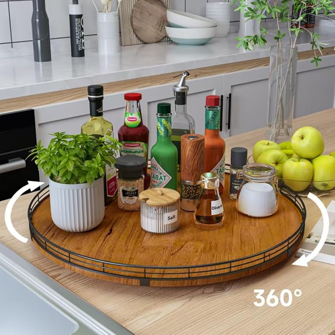 AMH 21-Inch Walnut-Finish Wooden Lazy Susan Organizer for Dining Table | Smooth rotating oak tray with walnut finish for dining tables, kitchen counters, pantries and cabinet storage.