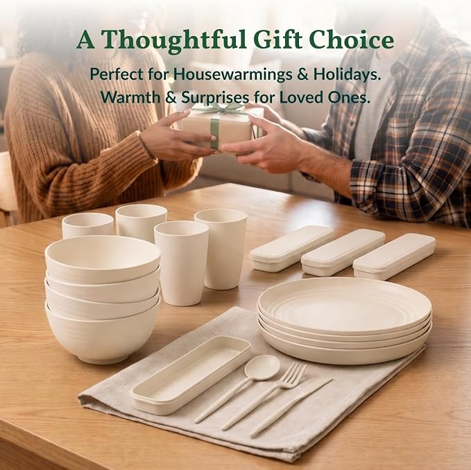 28 PCS Plastic Plates and Bowls Sets for 4 Unbreakable Wheat Straw Dinnerware Sets for Dorm, Camping, RV, Party, Travel Lightweight Utensils Kitchen Microwave & Dishwasher Safe(Beige)