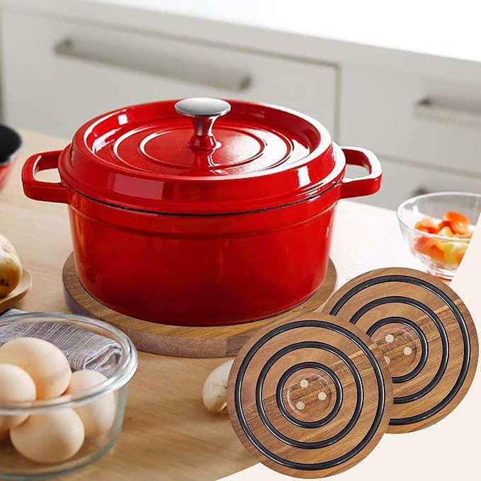 2 PCS Magnetic Wooden Trivets for Hot Pots and Pans, Heat Resistant Acacia Wood Trivet with Cushioning Silicone Strips for Dutch Ovens Hot Dishes Pots Holder, for Mom Grandma