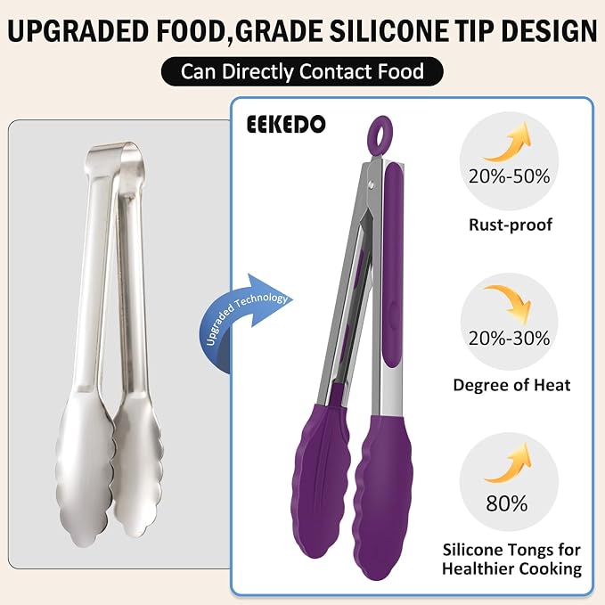 Kitchen Tongs, Stainless Steel Cooking Tongs with Silicone Tips, 600ºF High Heat-Resistant Non Scratch Locking Tongs for Cooking BBQ Grilling Air Fryer Pans, Set of 3 (7" 9" and 12") Purple