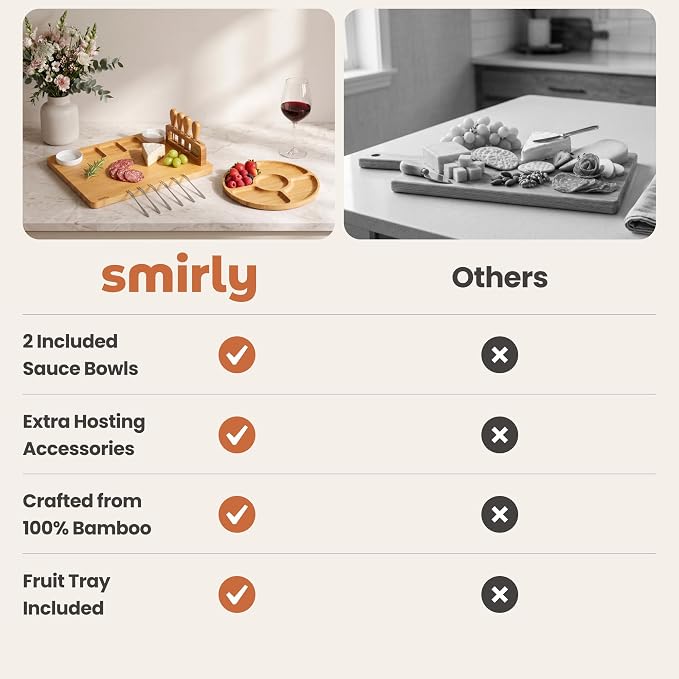 SMIRLY Charcuterie Boards Set, Large Cheese Board with Accessories, Bamboo | House Warming Gifts, Wedding Gifts for Couples, Bridal Shower Gifts, Magnetic Holder for 4 Cheese Knives, Fruit Tray