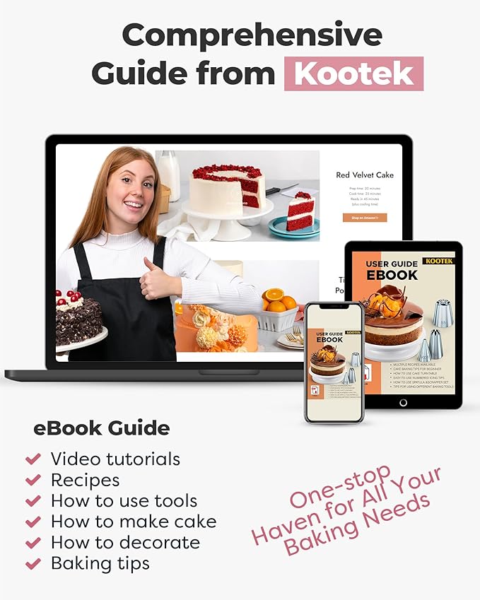 Kootek 71 Cake Decorating Kit Baking Supplies Tools for Beginners & Pros | Cake Stand Turntable, Icing Piping Tips, Disposable Reusable Pastry Bag, Spatulas, Video Tutorial, Pattern Chart