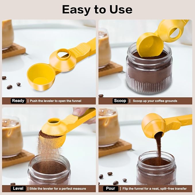 2-in-1 Coffee Scoop with Funnel, 2 Tbsp Measuring Spoon for Reusable K Cups, Ground Coffee, Protein Powder & Tea, Mess-Free Plastic Design（Yellow-1pack）
