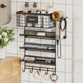 Magheo Hair Dryer Holder Wall Mounted, Adheisve Hair Styling Tool Organizer for hair Brush/Appliance Wall Mount with 5 Tier Shelf Basket Hooks Blow Dryer and Straightener Holder for Bathroom(Black)
