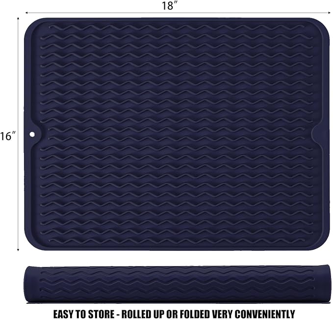 Silicone Dish Drying Mat, Non-Slip Easy Clean Sink Mat, Dark Blue, 18"x16" | Quick-Dry Ridges, Large Heat-resistant Dish Drainer Mat for Kitchen Counter, Hangable & Roll-Up for Storage, Dishwasher Safe