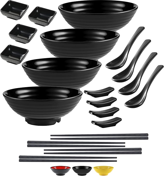 4 Noodle Bowls Set - large 32oz Ramen Bowl Set for authentic Asian Cuisine - with Dipping Bowls, Spoons, Chopsticks & Chopstick Stands. Enjoy Thai Miso Udon Wonton (4 Bowl Set, Black)