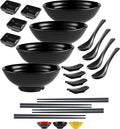 4 Noodle Bowls Set - large 32oz Ramen Bowl Set for authentic Asian Cuisine - with Dipping Bowls, Spoons, Chopsticks & Chopstick Stands. Enjoy Thai Miso Udon Wonton (4 Bowl Set, Black)