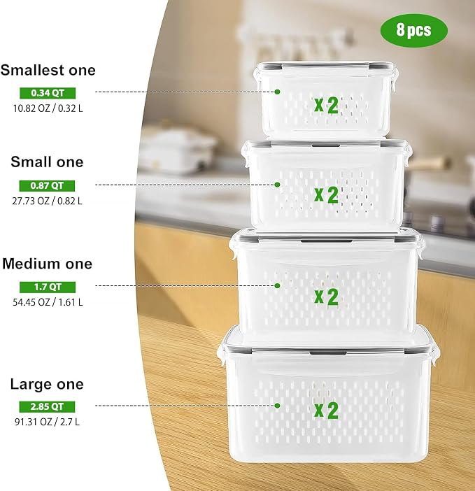 Fruit Storage Containers for Fridge with Removable Colander 8 pcs | Airtight Food Storage Container Dishwasher Safe Produce Saver for Refrigerator Keep Berry Fruit Fresh Longer Small Clear