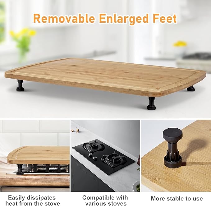 30" X 20" Bamboo Noodle Board Stove Cover: Removable Legs, Multi-Functional Countertop Cutting Board - Thickened Stovetop Cover for Electric/Gas Stoves, RV & Sink (Deep Grooves, Non-Slip)