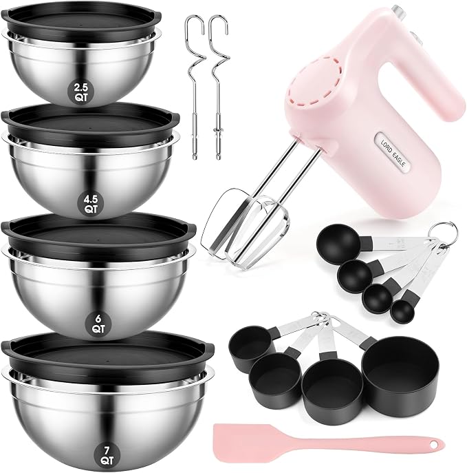 Lord Eagle 5-Speed Hand Mixer Electric With 4 Mixing Bowls Set | 300W Lightweight Kitchen Handheld Mixer with Measuring Cups & Spoons, Stainless Steel Bowls, Baking Supplies for Cake, Pink
