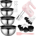 Lord Eagle 5-Speed Hand Mixer Electric With 4 Mixing Bowls Set | 300W Lightweight Kitchen Handheld Mixer with Measuring Cups & Spoons, Stainless Steel Bowls, Baking Supplies for Cake, Pink