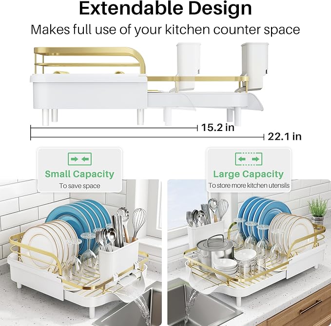 SNTD Expandable Dish Drying Rack for Kitchen Counter, 15.2-22.1 in, Gold | Rust-Resistant Stainless Steel, Protective Side Rails, Self-Draining Drainboard, Removable Utensil Holder