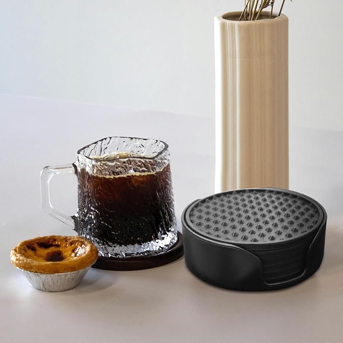 Silicone Coasters 6 Pack with Holder, Non-Slip Non-Stick Heat Resistant Cup Mat, Washable for Home Office Bar (Black)