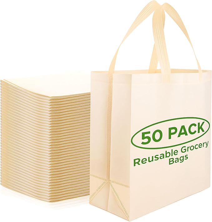Simply Cool 50 Pack Reusable Grocery Bags, Large Tote Bags Bulk, Cream | 14.5"x14"x6.6" Heavy Duty Non-woven Custom Shopping Bags with Handles, Foldable, Washable for Groceries and Commercial use