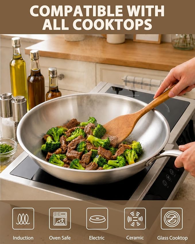 12.5-Inch Tri-Ply Stainless Steel Wok Pan with Lid | Detachable handle | Stir-Frying Pan | Induction Wok | Dishwasher and Oven Safe | Heavy-Duty | Flat-Bottom