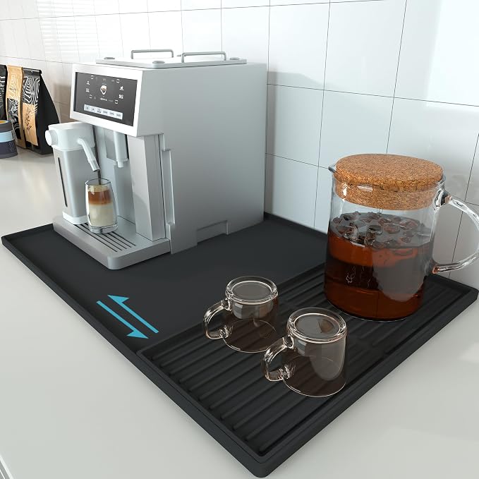 Golener Silicone Coffee Mat Set - 24" x 16" Coffee Bar Mat for Countertop, Kitchen Station Pad Accessories Fit Under Coffee Maker or Machine, Dish Drying Mat, Heat Resistant Kitchen Gadget, Black | Coffee Mat for Countertop, Waterproof Coffee Station M...