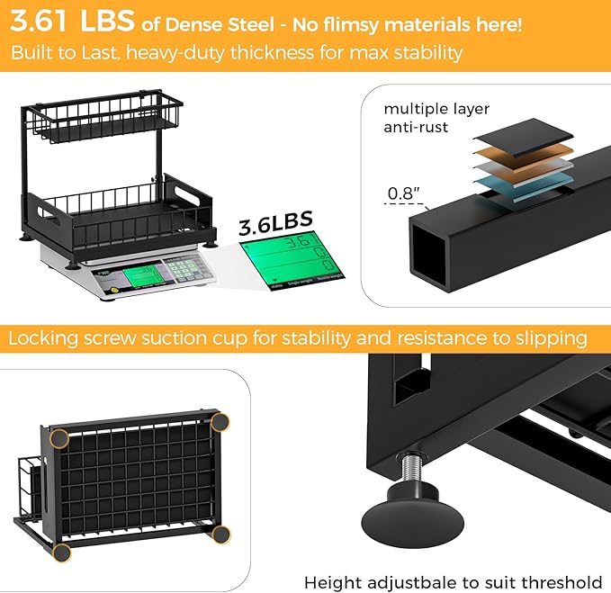 L-Shaped Under Sink Organizer, 2-Tier Pull-out Cabinet Rack 1-Pack | Black Height-Adjustable Steel Rack, Sliding Grid Drawers with PP Liners, Holds 100 Lbs, Suction Base, Ideal Kitchen Storage