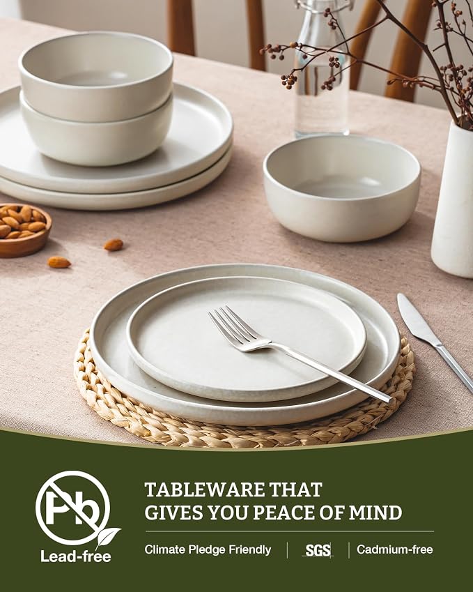 Famiware Milkyway 12-Piece Stoneware Dinnerware Set, Matte Beige White | Plates and Bowls for 4, Reactive Glaze Dish Set, Microwave & Dishwasher Safe, Chip & Scratch Resistant