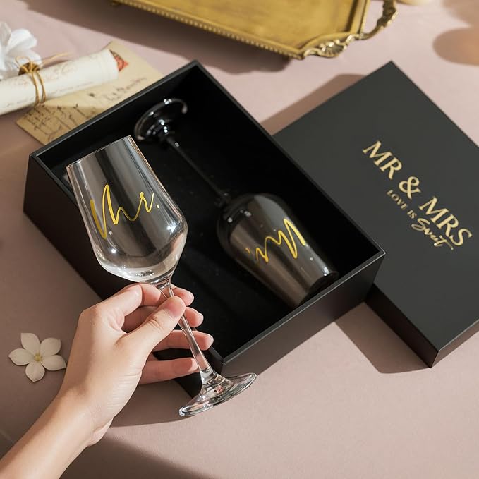 AW BRIDAL Mr and Mrs Wine Glasses Set of 2 for Engagement Bridal Shower | Wedding Gifts for Newlywed Couples 2026, Anniversary Wine Glass Gift Basket for Bride Groom and Fiance Fiancee
