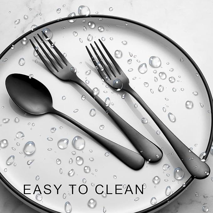 24 Piece Black Forks and Spoons Silverware Set for 12, Food Grade Stainless Steel Dinner Forks and Spoons(6.7 Inch) Black Silverware Set, Heavy-Duty Cutlery Set, Dishwasher Safe